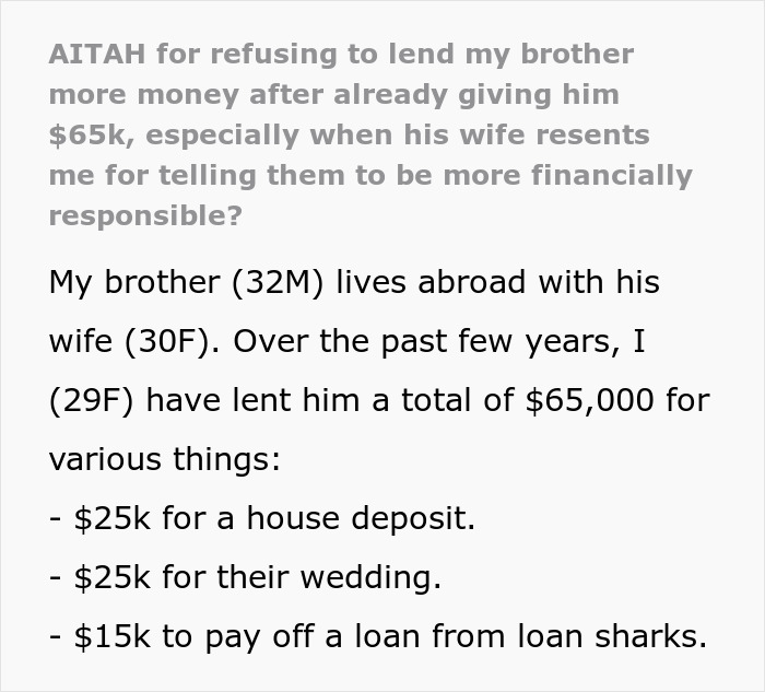 Reddit post screenshot about lending $65k to brother, money conflict with his wife and family tension Reddit post screenshot about lending $65k to brother, money conflict with his wife and family tension