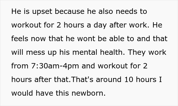 Text discussing a couple upset about sacrificing gym time for babysitting and expecting the aunt to give up her hobbies.