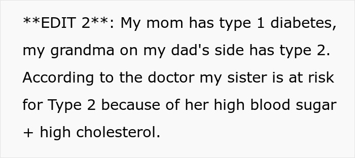 Text discussing family history of diabetes and sisters sneaking veggies into meals to protect teen’s health. Text discussing family history of diabetes and sisters sneaking veggies into meals to protect teen’s health.