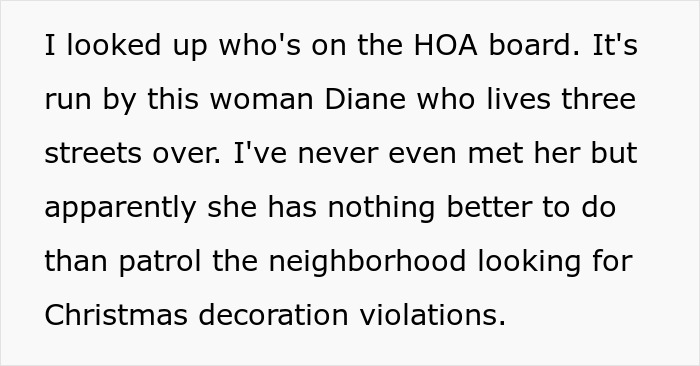 Text describing a woman upset after getting bashed by HOA for too festive Christmas decorations, facing daily fines.