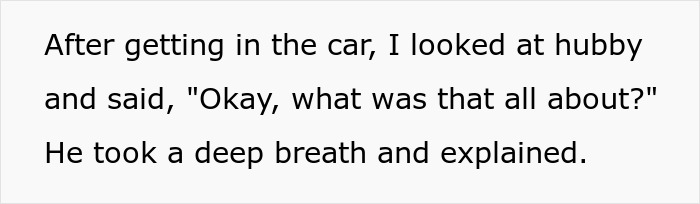 Text excerpt showing a conversation after getting in the car, related to brother making bil pay dinner situation. Text excerpt showing a conversation after getting in the car, related to brother making bil pay dinner situation.