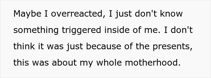 Text excerpt showing a mom reflecting on her overreaction and feelings about motherhood during a Christmas moment.