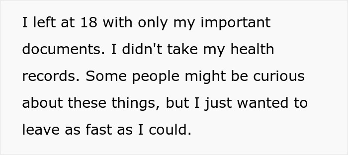 Alt text: Text excerpt about a woman describing leaving home at 18 with only important documents after a lifetime of sacrifice. Alt text: Text excerpt about a woman describing leaving home at 18 with only important documents after a lifetime of sacrifice.