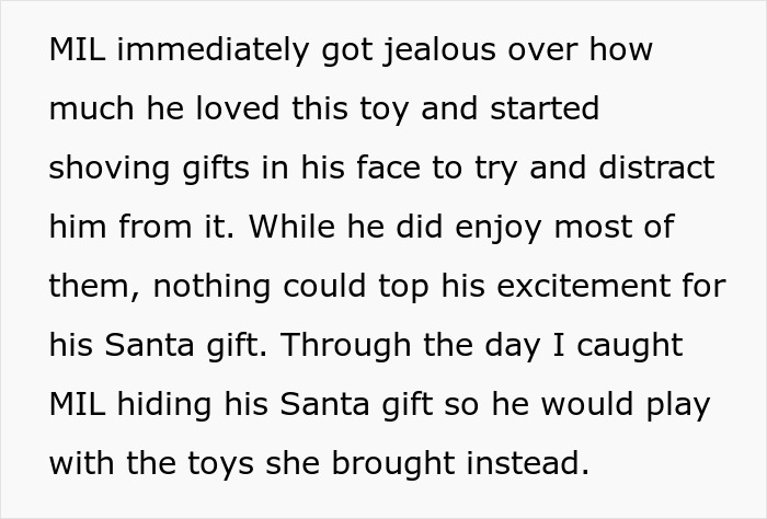 Text describing a grandma turning Christmas into a weird competition with Santa, with family blocking her gifts. Text describing a grandma turning Christmas into a weird competition with Santa, with family blocking her gifts.