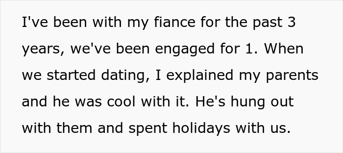 Text excerpt about woman’s engagement and fiancé’s interaction with her family during holidays, reflecting conflict.