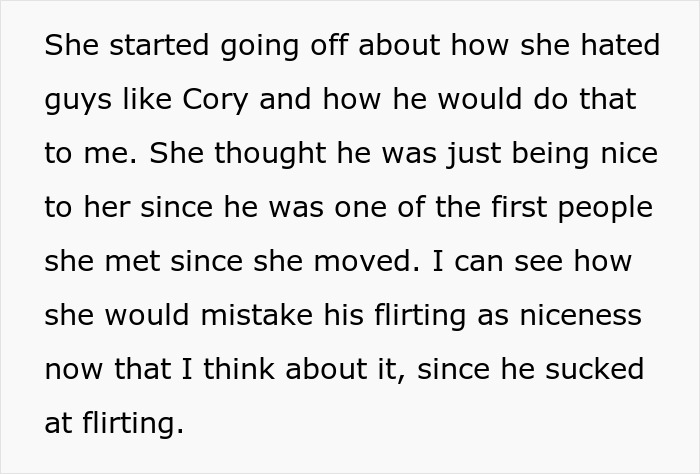 Text about a man losing his girlfriend over a girl at work, confusing flirting with kindness.