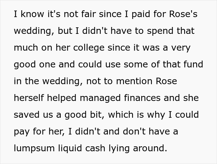 Text excerpt discussing a financially unstable woman managing wedding and college expenses after a bitter reality check.