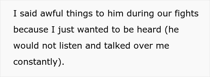 Text excerpt about a woman regretting divorce, expressing frustration over fights and feeling unheard.