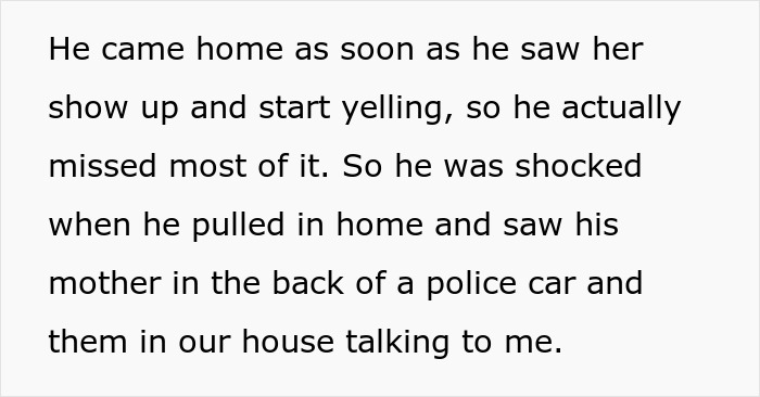 Text excerpt describing a husband arriving home to find his mother-in-law taken away in a police car after a confrontation.