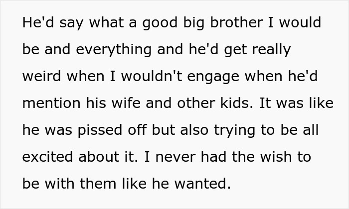 Text describing feelings of refusing to establish relationship with fathers' kids and conflicted emotions about engagement. Text describing feelings of refusing to establish relationship with fathers' kids and conflicted emotions about engagement.