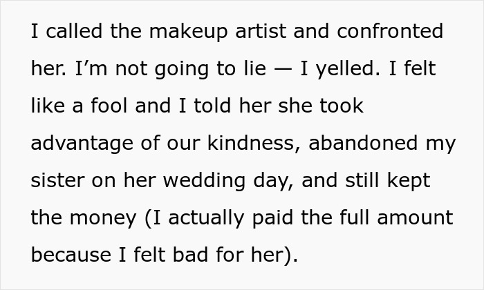 Text excerpt describing a makeup artist who pretends to be sick and abandons a bride on her wedding day for easy money.
