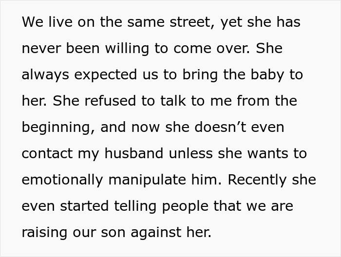 Text describing a mother-in-law accusing daughter-in-law of evil after premature birth and refusing to believe it.