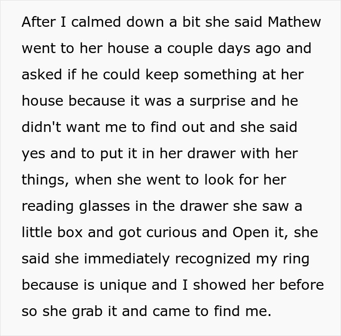 Text excerpt discussing a breaking-up ultimatum over ring discovery revealing surprise and tension between partners. Text excerpt discussing a breaking-up ultimatum over ring discovery revealing surprise and tension between partners.