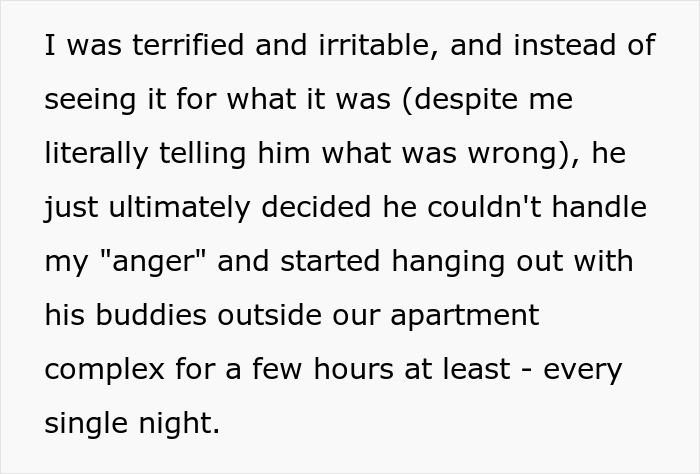 Text excerpt describing a woman feeling terrified and irritable as her partner avoids responsibility by socializing outside nightly.