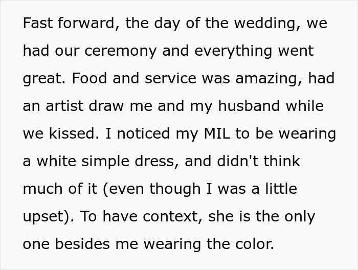 Mother-in-law wearing white dress at son's wedding, causing tension as bride objects to photos with her.