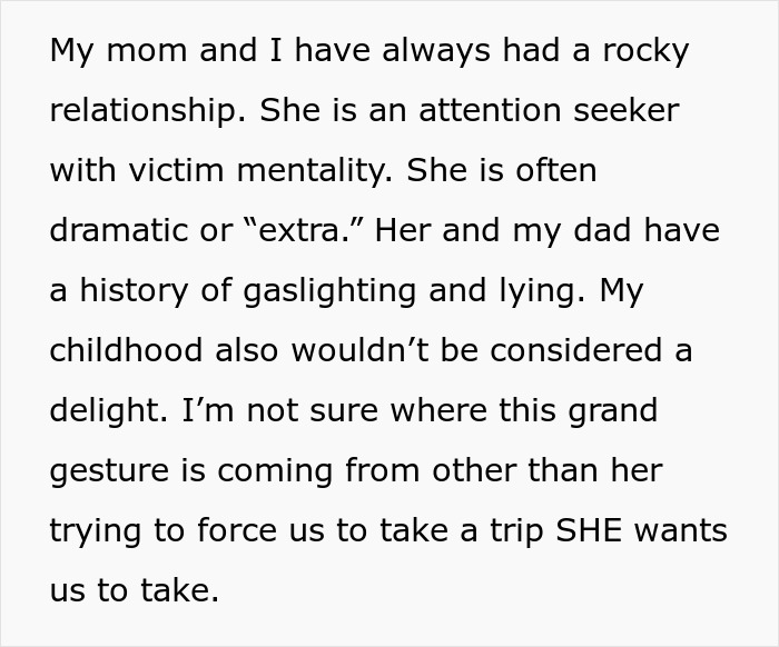 Text excerpt showing a daughter describing a rocky relationship with her mom who forces her Disney dream on the family.