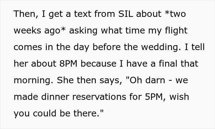 Text message from bride asking groom&rsquo;s sister about flight and dinner plans before wedding day.