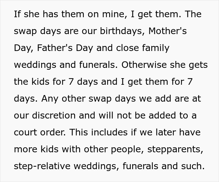 Custody arrangement details explaining kids swap days include birthdays and family events for managing relationships.