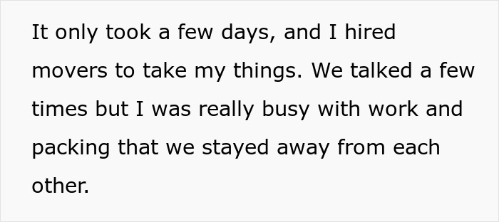 Text excerpt about hiring movers and staying away due to work and packing, from a woman worried about wedding photos. Text excerpt about hiring movers and staying away due to work and packing, from a woman worried about wedding photos.