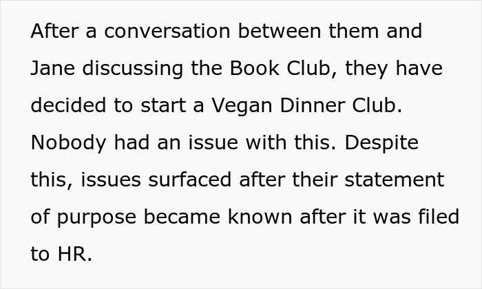 Text describing a conversation leading to the start of a vegan dinner club and ensuing workplace conflict. Text describing a conversation leading to the start of a vegan dinner club and ensuing workplace conflict.