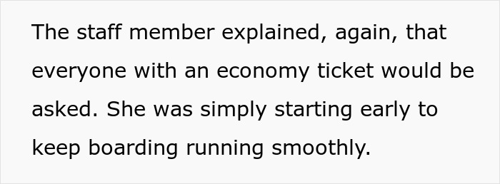 Airline worker explains luggage policy to economy passengers during boarding, facing a hostile British woman. Airline worker explains luggage policy to economy passengers during boarding, facing a hostile British woman.