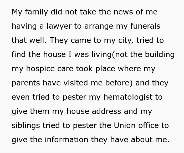 Text excerpt showing a family’s reaction after a guy tells them he doesn’t want a funeral, causing hometown unrest. Text excerpt showing a family’s reaction after a guy tells them he doesn’t want a funeral, causing hometown unrest.