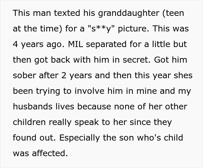 Text excerpt revealing tensions involving MIL's creepy husband, family estrangement, and marital struggles over boundaries.