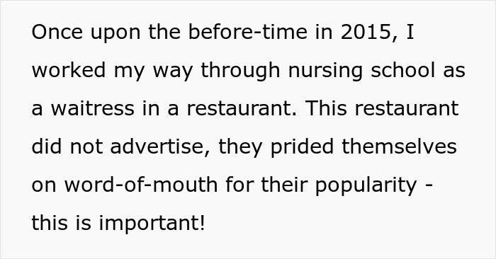 Waitress dining out forgets manners, staff serve perfect dish of revenge in a popular restaurant setting.