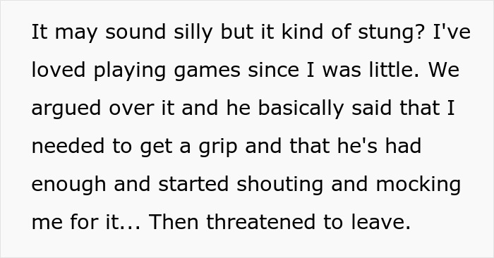 Alt text: Guy mocks girlfriend for playing video games to unwind, saying the hobby isn’t ladylike during an argument. Alt text: Guy mocks girlfriend for playing video games to unwind, saying the hobby isn’t ladylike during an argument.