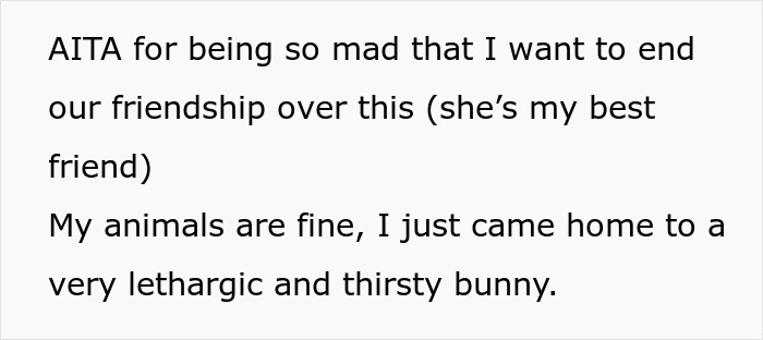 Text post discussing owner trusting bestie with bunny care, who goes missing during vacation causing bunny distress.