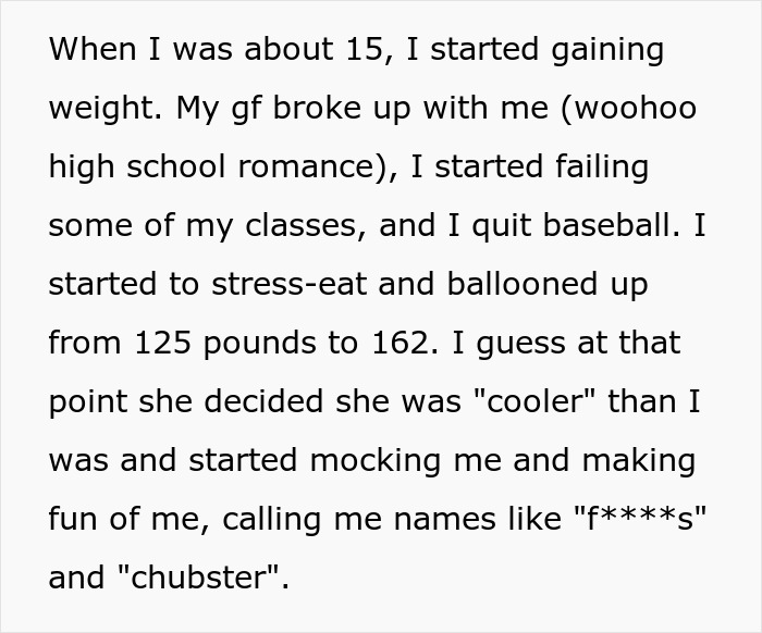 Text excerpt describing a guy’s experience with weight gain and a breakup, highlighting relationship conflict online. Text excerpt describing a guy’s experience with weight gain and a breakup, highlighting relationship conflict online.