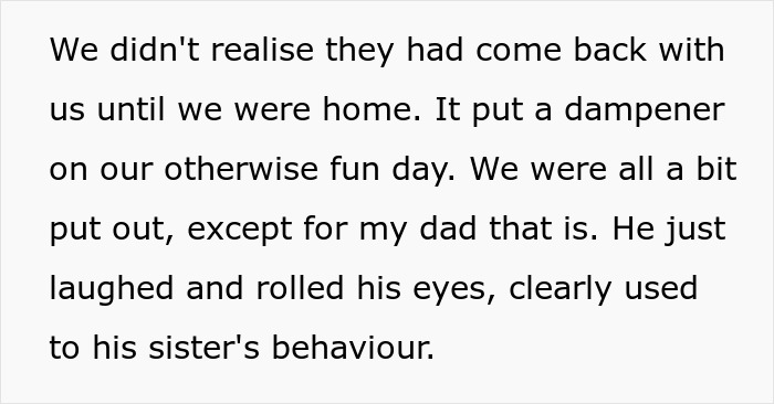 Text excerpt about rich aunt trying to sneak a cheap gift back and dad&rsquo;s petty Christmas revenge reaction.