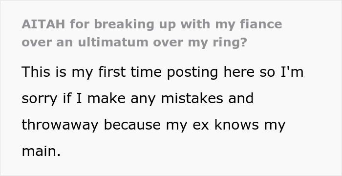Text post about asking if breaking up over an ultimatum related to a ring was justified in an anonymous forum.