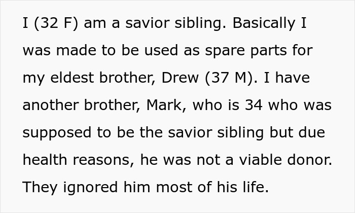 Text of woman sharing story as a savior sibling used as spare parts for her brother before saying no after sacrifice Text of woman sharing story as a savior sibling used as spare parts for her brother before saying no after sacrifice