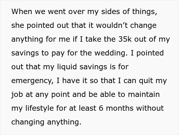 Text discussing a groom ending relationship over debt and clashing values after fianc&eacute;e demands $35k wedding payment.