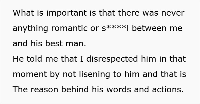 Text excerpt showing a woman explaining how her marriage fell apart within two weeks after her husband ruined their wedding. Text excerpt showing a woman explaining how her marriage fell apart within two weeks after her husband ruined their wedding.