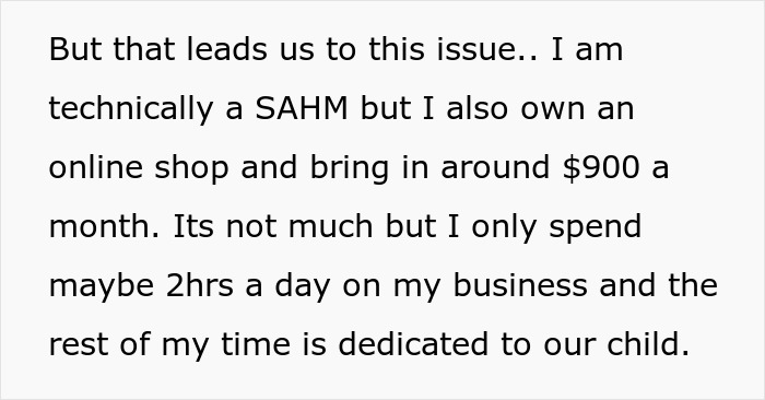 Text excerpt discussing a stay-at-home-mom managing an online shop and dedicating time to childcare and chores daily.