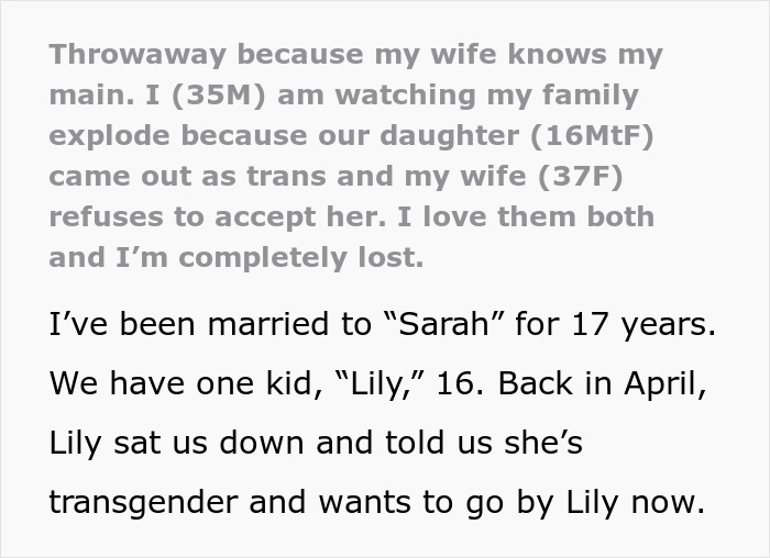 Text post about a husband feeling lost as his wife goes transphobic after their child comes out as transgender.