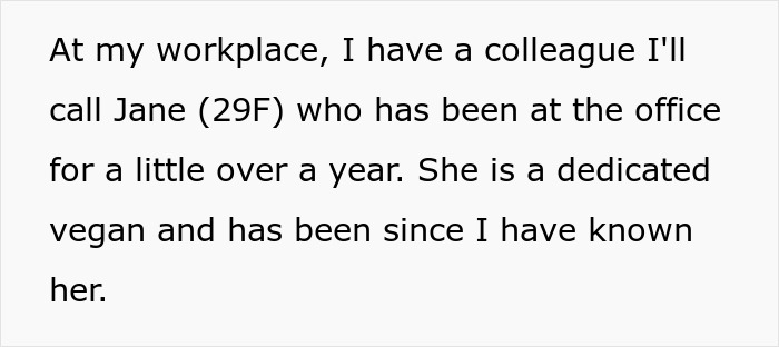 Text excerpt describing a workplace conflict where an employee pushes back against a vegan-only club and starts beef literally. Text excerpt describing a workplace conflict where an employee pushes back against a vegan-only club and starts beef literally.