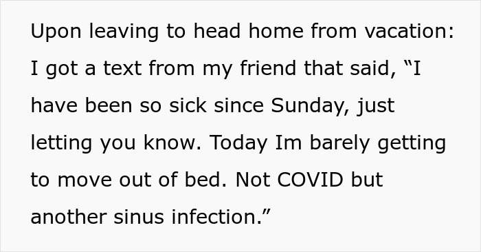 Text message describing friend sick during vacation, owner trusts bestie with bunny care but goes MIA before damage happens.