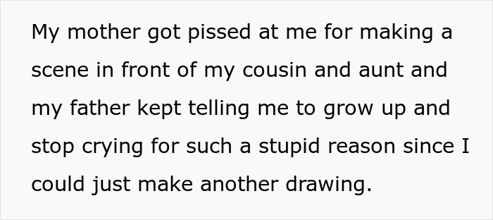 Text excerpt about a dad fixing 19-year-old daughter's first real drawing, causing her to get upset.