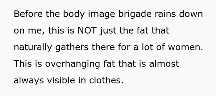 Text excerpt discussing overhanging fat related to tummy tuck drama involving aunt paying niece.