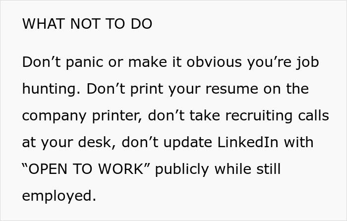 Text advice about subtle red flags indicating job insecurity, warning against obvious job hunting behaviors at work.