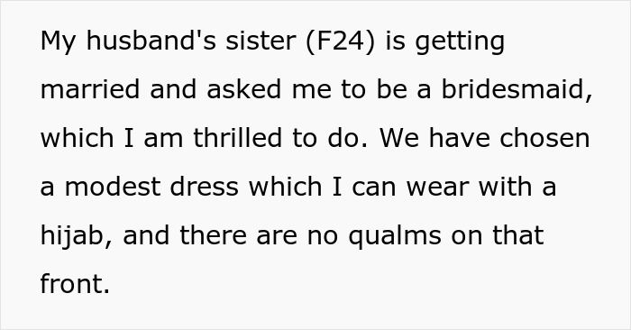 Text excerpt discussing family tension as Muslim daughter-in-law refuses to wear bikini to bridal party, causing conflict. Text excerpt discussing family tension as Muslim daughter-in-law refuses to wear bikini to bridal party, causing conflict.