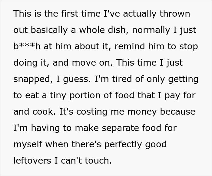 Text excerpt about woman rethinking relationship after boyfriend salts entire pot of chili, expressing frustration over food waste. Text excerpt about woman rethinking relationship after boyfriend salts entire pot of chili, expressing frustration over food waste.