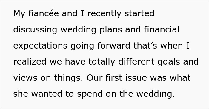 Man and fianc&eacute;e disagreeing over wedding plans and finances, highlighting clashing values and debt concerns before marriage.