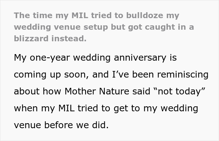 Mother-in-law demands wedding venue changes but gets stuck in a storm preventing access to the site. Mother-in-law demands wedding venue changes but gets stuck in a storm preventing access to the site.
