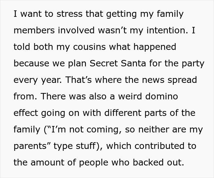 Text excerpt discussing a family Secret Santa plan and the domino effect leading to some members backing out. Text excerpt discussing a family Secret Santa plan and the domino effect leading to some members backing out.