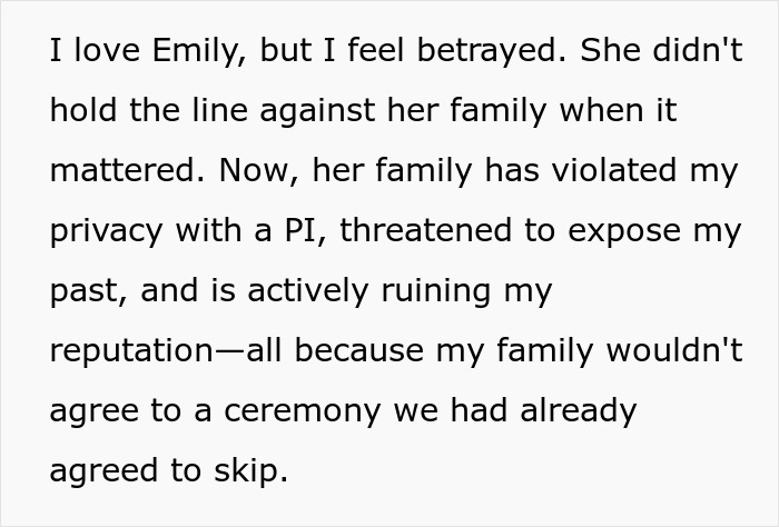 Man considers canceling wedding after fiancée’s family hires a private investigator to uncover his past and ruin reputation. Man considers canceling wedding after fiancée’s family hires a private investigator to uncover his past and ruin reputation.