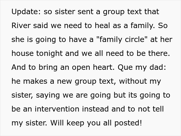 Text update about sister’s barefoot spiritual advisor causing family chaos and intervention plans at Thanksgiving gathering.